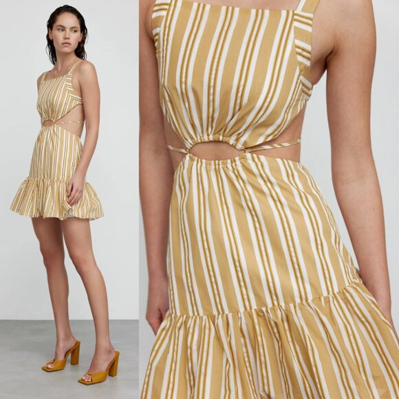 Significant Other Eadie Cut-out Mini Dress Sz 4 In Yellow Striped Ruffle Skirt - Picture 2 of 8